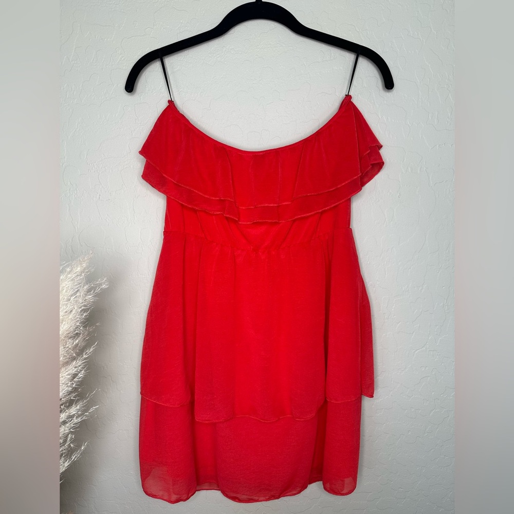 Red Pink Chiffon Ruffled Tiered Strapless Short Dress, size 6